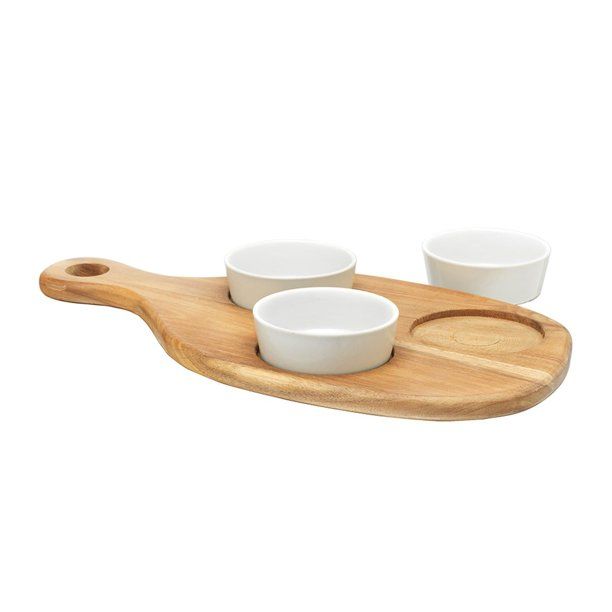 Home Essentials Tapas Serving Set - Acacia Wood Paddle Appetizer Tray with 3 Porcelain Bowls - Wh... | Walmart (US)