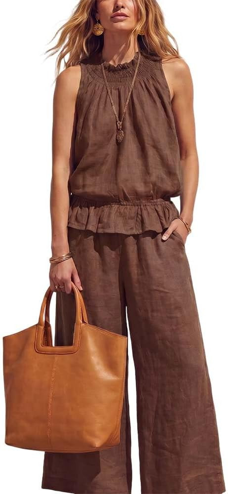 Linen Sets for Women 2 Piece Summer Outfits, Sleeveless Two Piece Sets for Women Summer Wide Leg ... | Amazon (US)