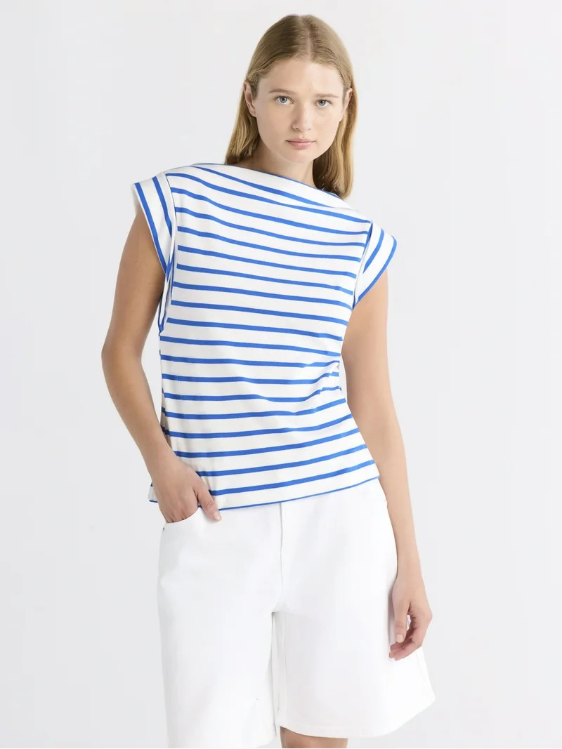 Free Assembly Women's and Women's Plus Cotton Boatneck Tee with Wide Cap Sleeves, Sizes XS-4X | Walmart (US)