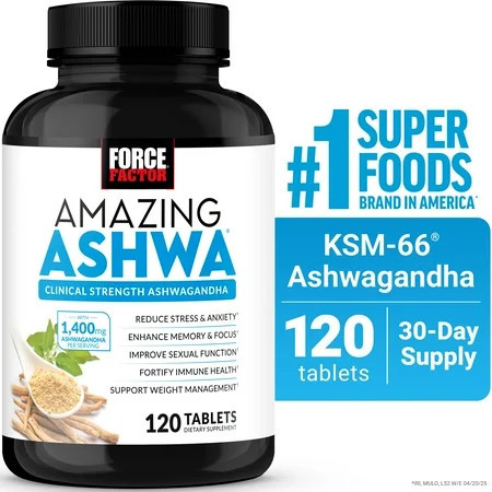 Force Factor Amazing Ashwa with KSM-66 Ashwagandha for Stress Relief, Cortisol Balance, Memory, Focus & Immune Health, Clinical Strength, 120 Tablets | Walmart (US)