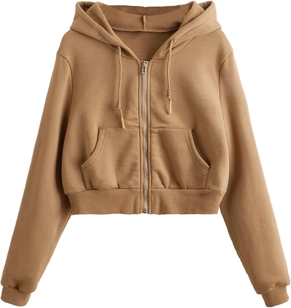 SheIn Women's Crop Zip Up Hoodie Pocket Drawstring Basic Zipper Hooded Sweatshirt | Amazon (US)