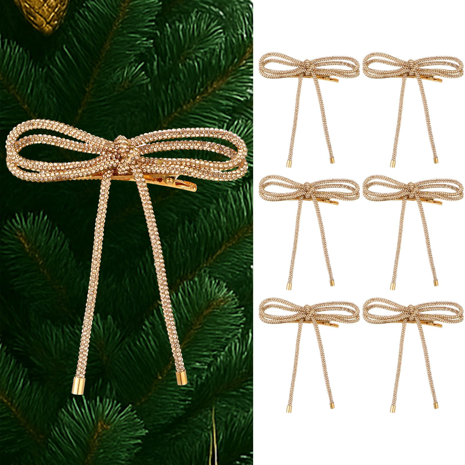 Hoteam 6 Pcs Rhinestone Christmas Bows Ornaments with Clip Champagne Glitter Bows Ornaments for C... | Amazon (US)