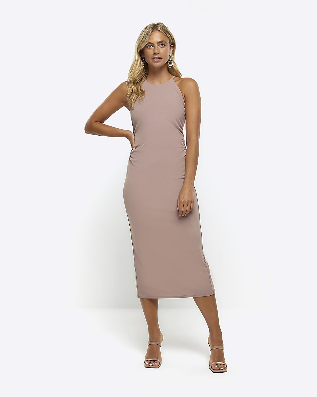 Taupe ruched bodycon midi dress | River Island (UK & IE)