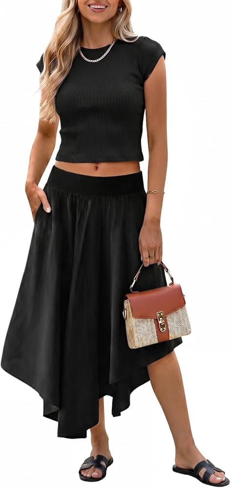 Tankaneo Womens 2 Piece Skirt Set Summer Casual Cap Sleeve Ribbed Crop Tops Midi Dress Vacation O... | Amazon (US)