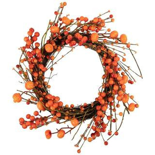 Red and Orange Berries with Mini Pumpkins Fall Harvest Wreath-20 in. -Unlit | The Home Depot