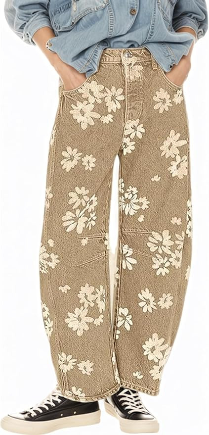 Womens Barrel Jeans Baggy Mid-Low Rise Jeans Y2k Floral Printed Denim Leopard Pants Ankle Boyfrie... | Amazon (US)