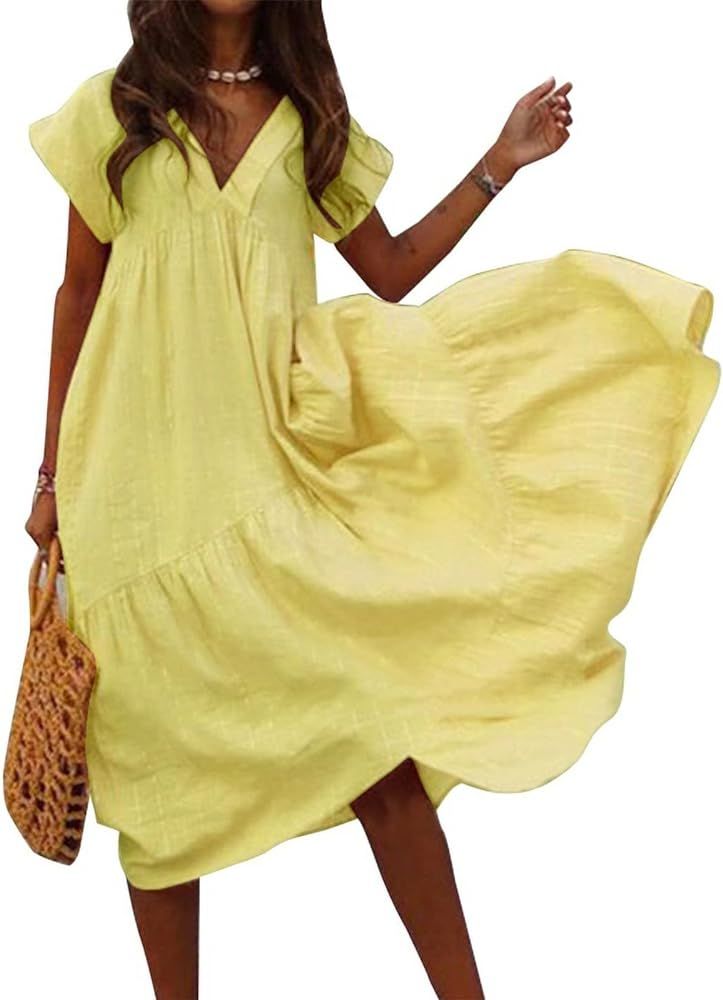 FWFLYAWAY Summer Dresses for Women 2023,Plus Size Casual Cute Babydoll Dress,Tiered Ruffle Flowy ... | Amazon (US)