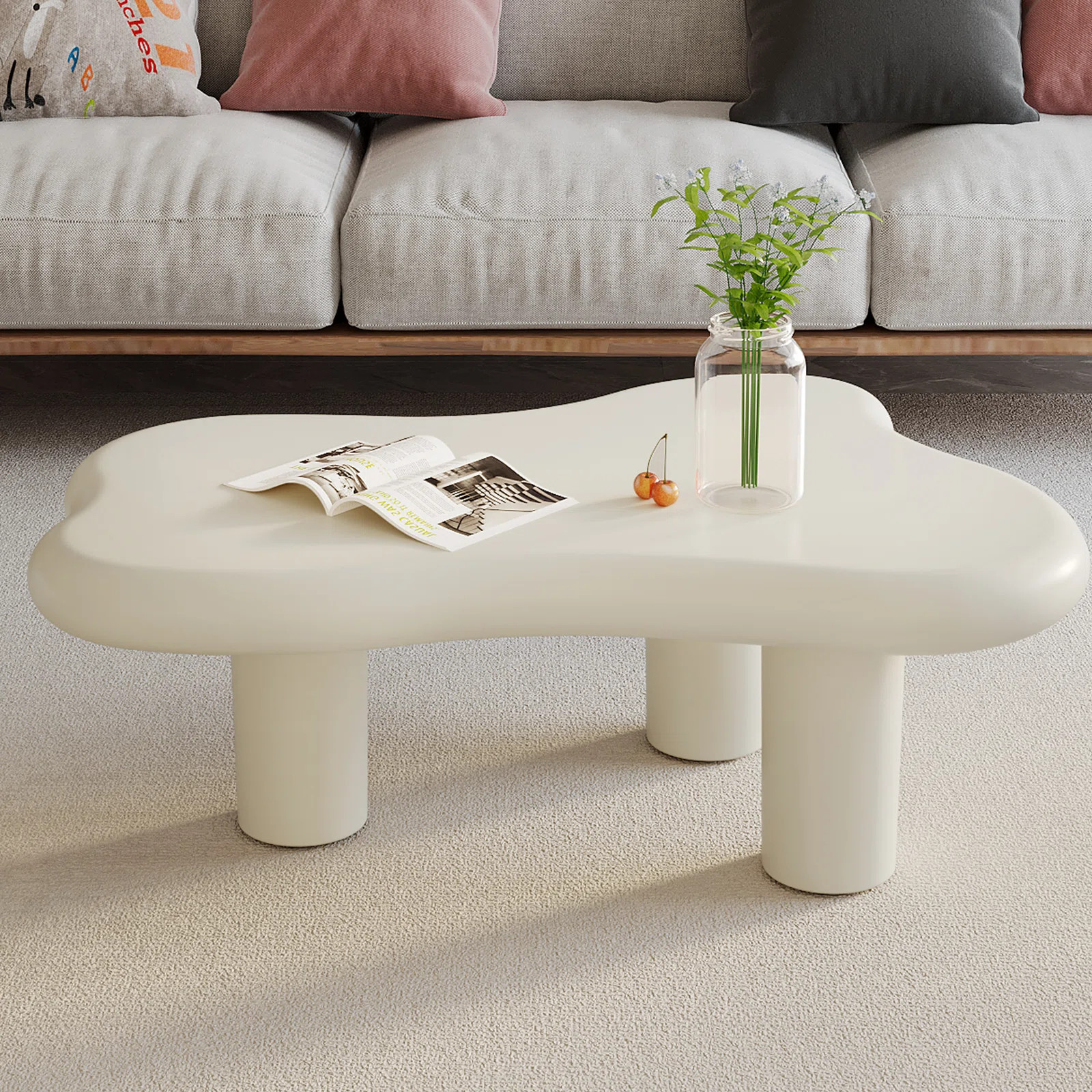 Abimael Cream White Irregular-Shaped Coffee Table,Centre Table with 3 Legs | Wayfair North America