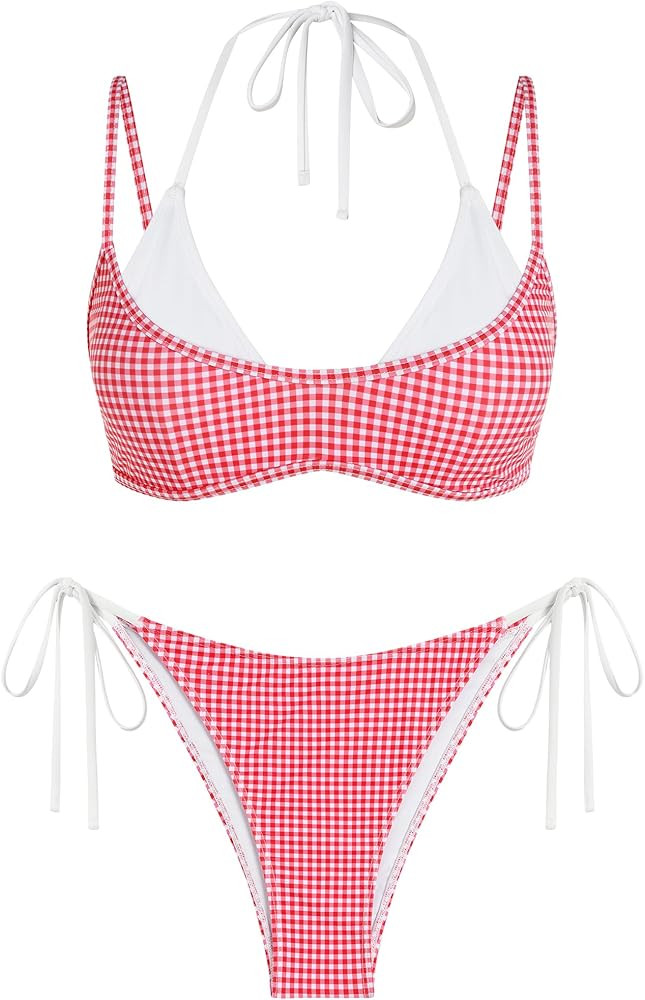 ZAFUL Women's Polka Dot Bikini Set Double Layer Halter Swimsuit Colorblock Side Tie 2 Piece Bathi... | Amazon (US)