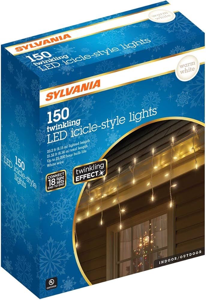 SYLVANIA Twinkling Icicle Christmas Lights, 150 LT, Warm White | Amazon (US)