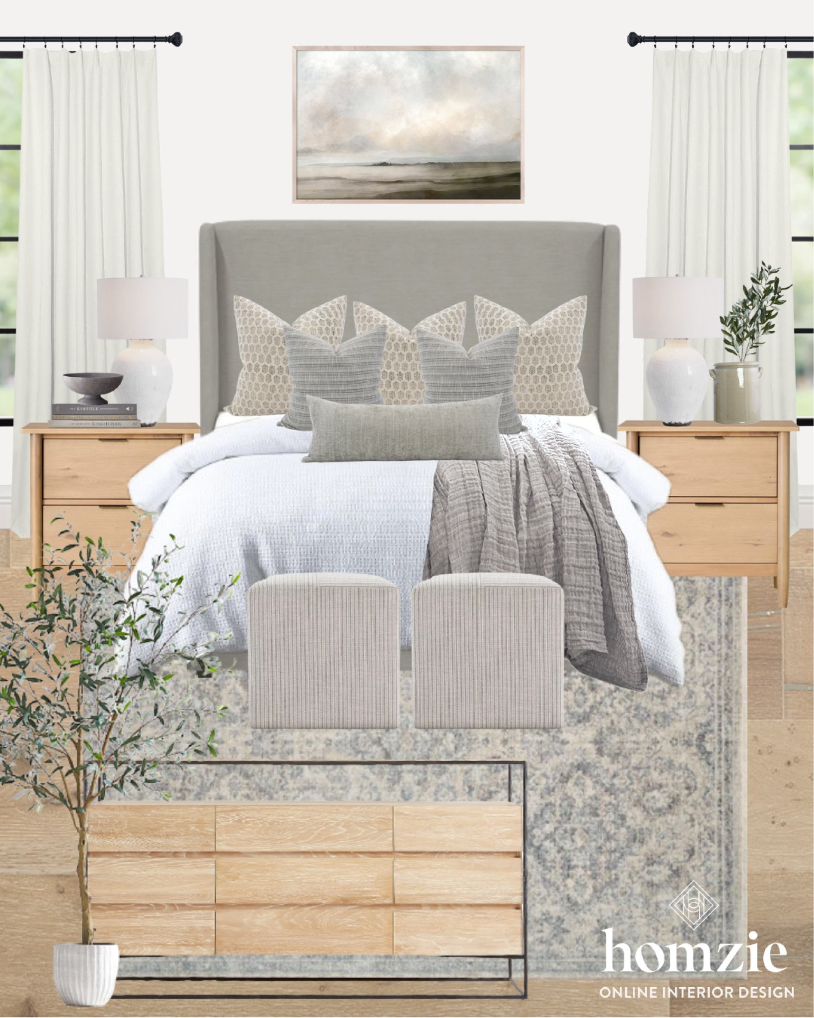 Bedroom design, bedroom decor, bedroom inspiration, bedroom inspo, bedroom mood board, master bedroom, upholstered bed, landscape art, coastal art, coastal bedroom, modern classic bedroom, neutral bedroom, grey bedroom, wood dresser, modern dresser, wood nightstand, bedroom rug, blue rug, neutral rug, neutral pillow covers, bedroom curtains 

#bedroom #moodboard #neutraldecor #homedecor #masterbedroom

#LTKhome #LTKstyletip #LTKFind