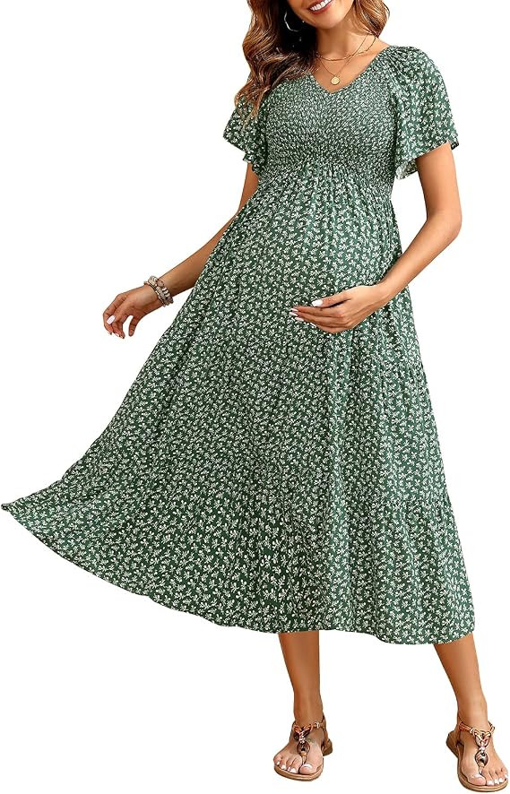 Maternity Dress for Baby Shower - 2025 Photoshoot Pregnancy Summer Midi Casual Flutter Sleeve Dre... | Amazon (US)