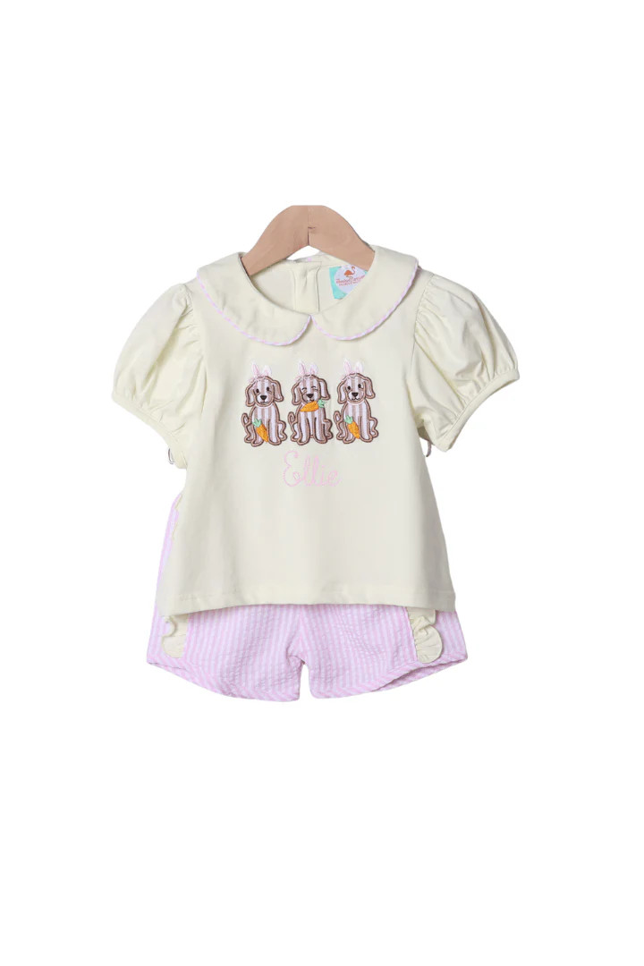 Applique Easter Puppy Pink Seersucker Short Set | The Smocked Flamingo