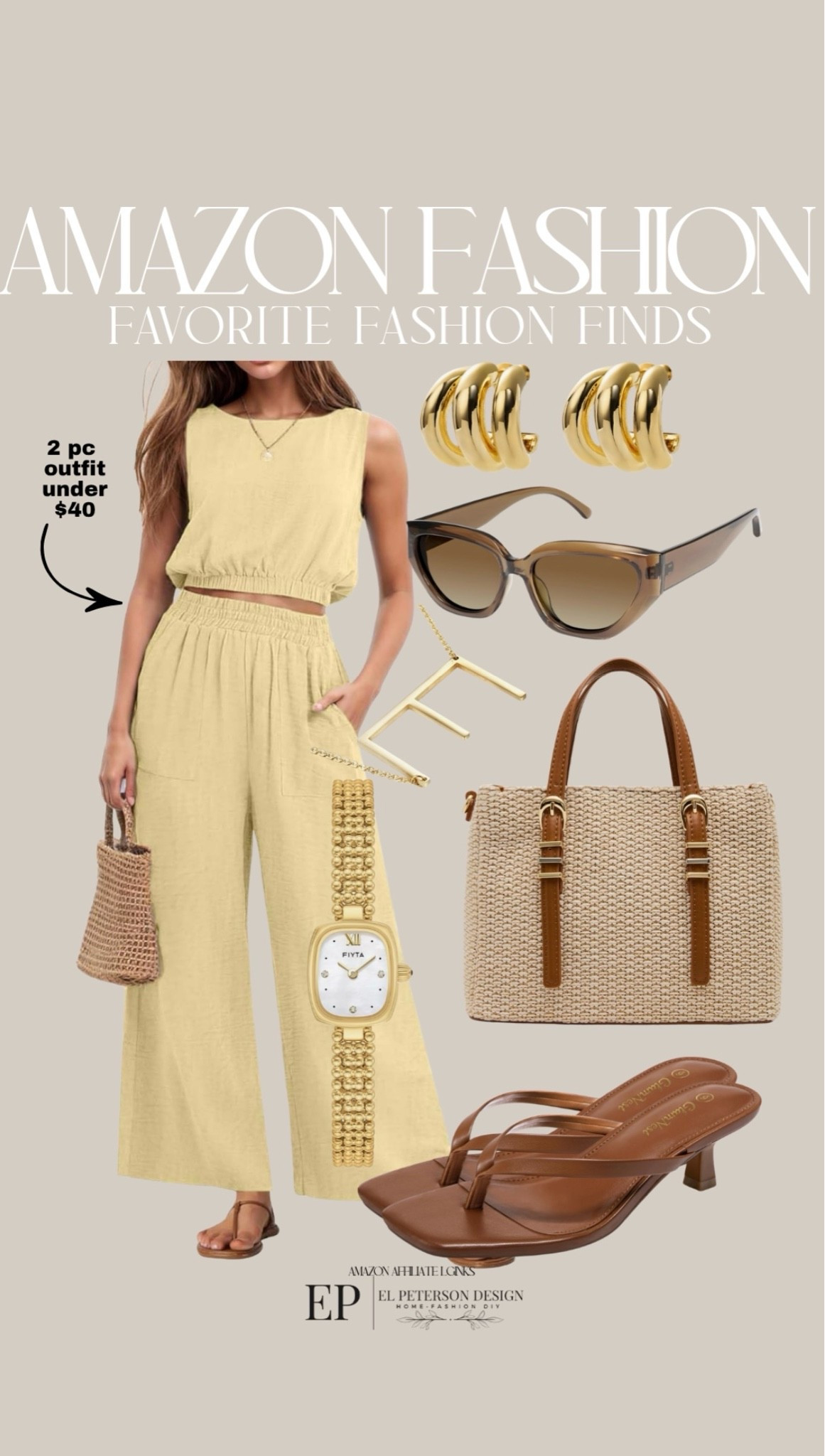Amazon
2 pc outfit
Purse
Necklace
Sunglasses 
Earrings
Sandals