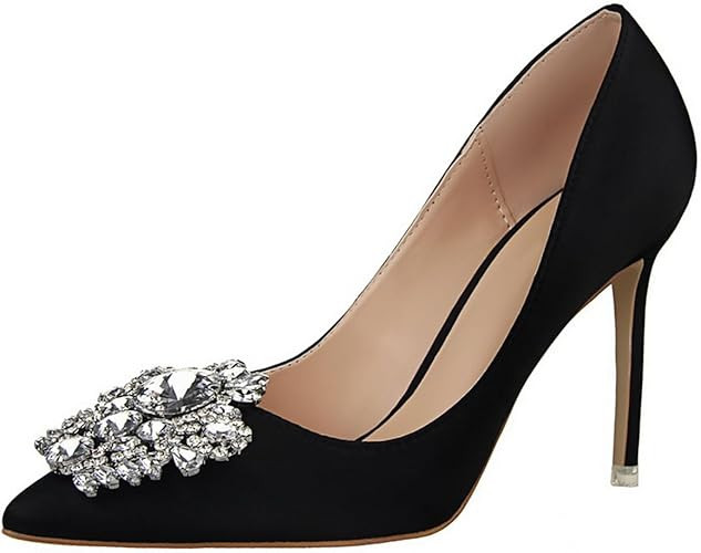 JOEupin Womens Rhinestone Satin Pumps Evening Party High Heel Pumps Wedding Bridal Stilettos Shoe... | Amazon (US)