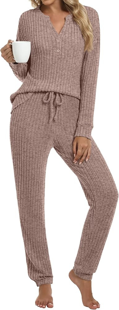 ANRABESS Womens Lounge Set 2025 Fall 2 Piece Outfit Long Sleeve Pajamas Sets Henley Top & Pants L... | Amazon (US)
