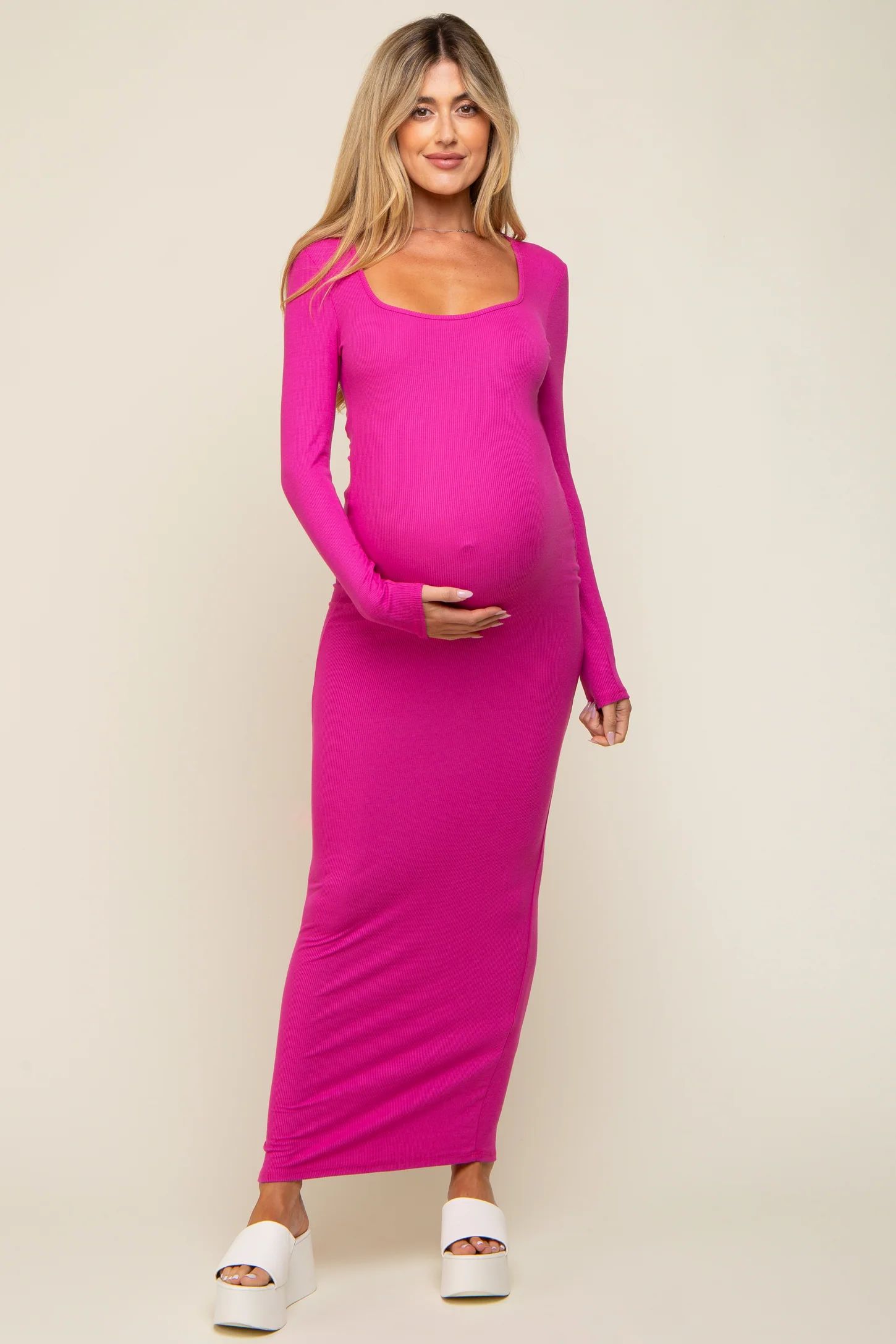 Fuchsia Ribbed Long Sleeve Square Neck Maternity Maxi Dress | PinkBlush Maternity