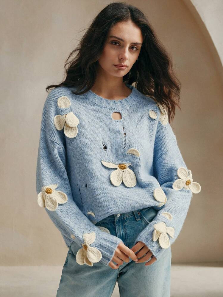 Anewsta Hand Crochet 3D Floral Decor Soft Round Neck Knitted Sweater Fall Winter Outfit | SHEIN