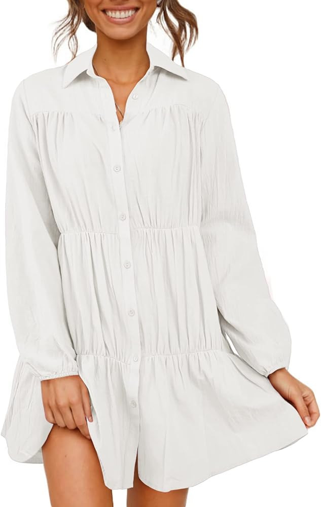 Febriajuce Womens Long Sleeve V Neck Dress Button Down Collared Shirt Dress Cute Tiered Mini Dresses | Amazon (US)