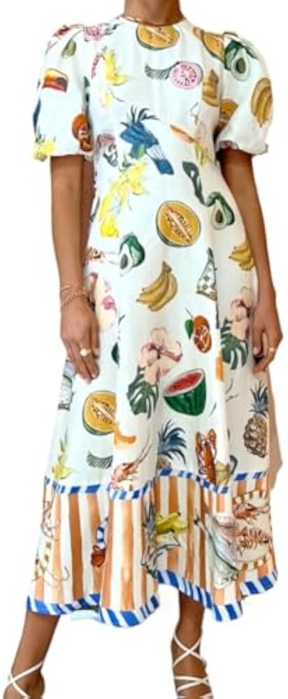 Puff Sleeve Maxi Dress - Women's Summer Graffiti Y2k Vintage Boho Tropical Floral Colorful Dress | Amazon (US)