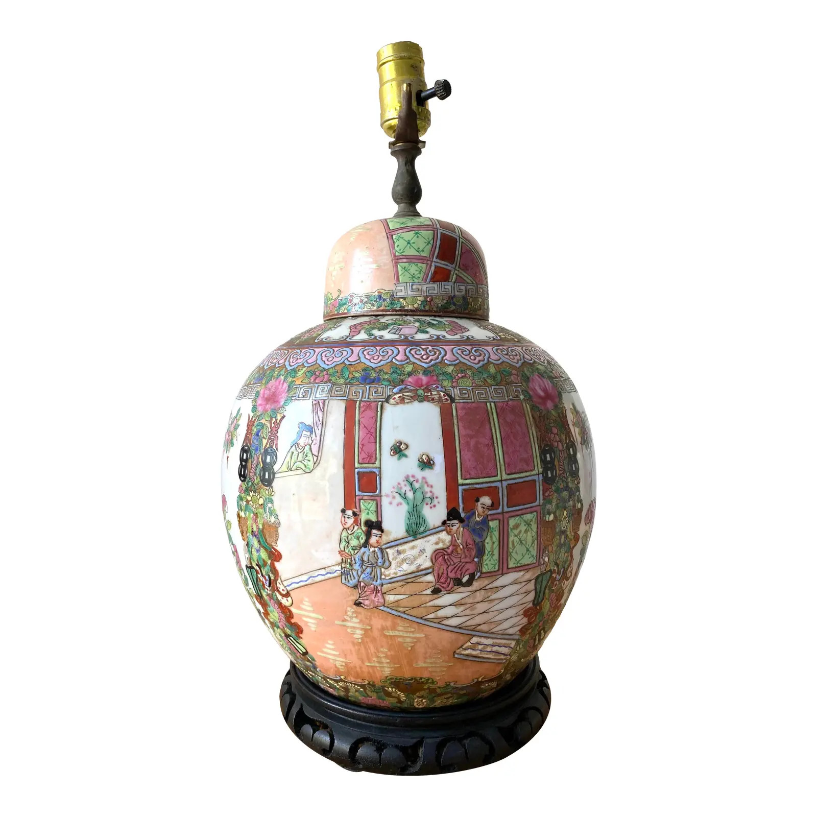 Mid 20th Century Famille Rose Medallion Lamp on Carved Wood Base | Chairish