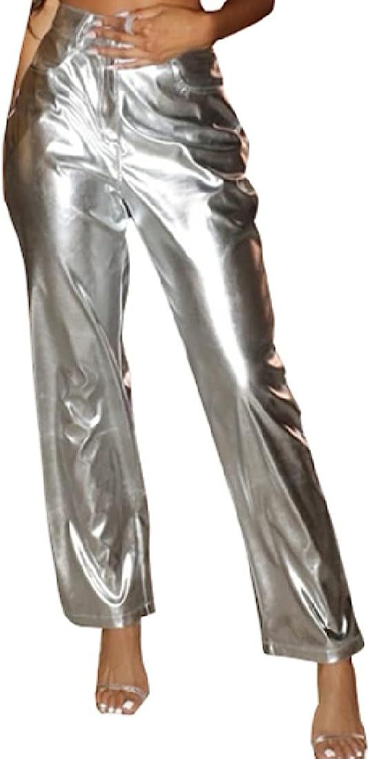 A ADILACA Women Faux Leather Pants Straight Wide Leg High Waist Metallic Shinny Disco Pants with ... | Amazon (US)
