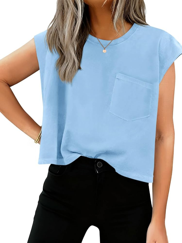 Tankaneo Womens Crop Tank Top Cap Sleeve Summer Tops Loose Casual Basic Crewneck Shirts with Pock... | Amazon (US)