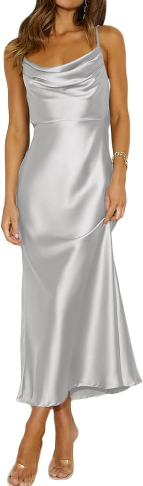 Summer Satin Spaghetti Strap Cowl Neck Backless Midi Dresses for Women Elegant Tie Low Back Ruche... | Amazon (US)