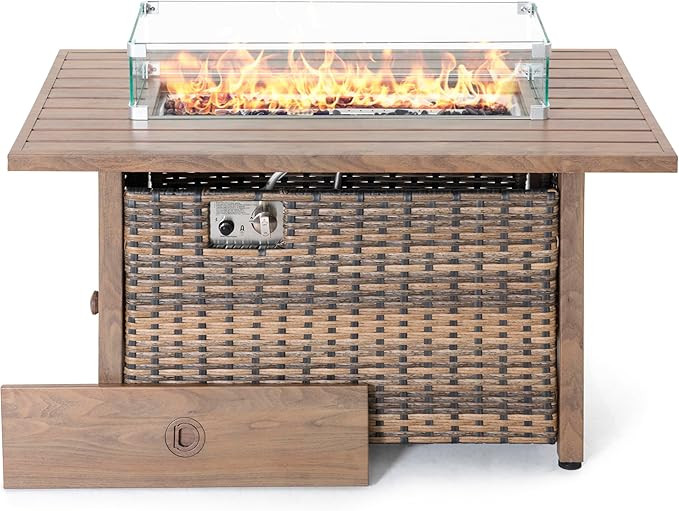 Nuu Garden 43 Inch Propane Fire Pit Table CSA Listed 50000 BTU Gas Fire Pit with Lid Glass Wind G... | Amazon (US)