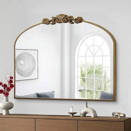 Gold Arched Mirror, 36"x29" Antique Bathroom Mirror with Wooden Frame, Vintage Ornate Baroque Decorative Mirror for Entryway, Fireplace, Living Room | Walmart (US)