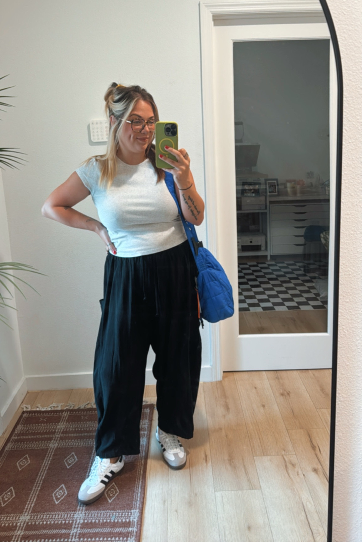 Bag is sold out in this color but I linked the exact bag in different colors. Pants run really big. I’m normally a Large and wearing a Small  