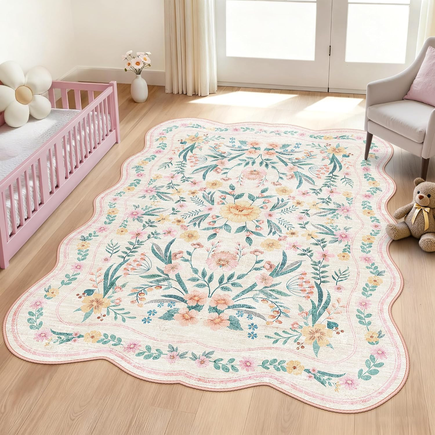Pink Floral Rug 5X7 for Girls Bedroom or Nursery, Scalloped Washable Non-Slip Area Rug, Cute Soft Boho Carpet for Kids Room, Dorm, or Playroom | Amazon (US)