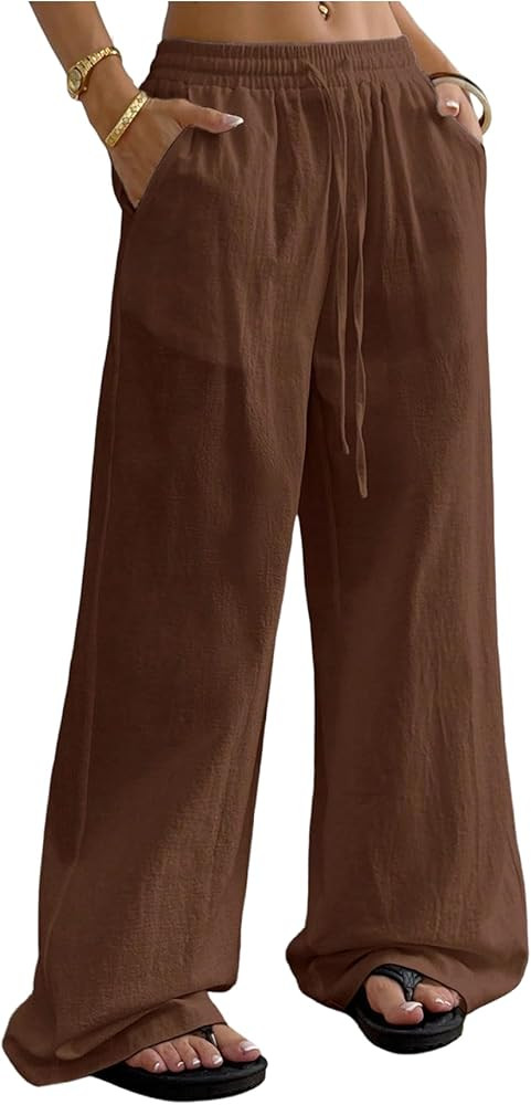 SweatyRocks Women's Loose Straight Leg Y2K Pants Drawstring Low Waist Long Trousers with Pockets | Amazon (US)