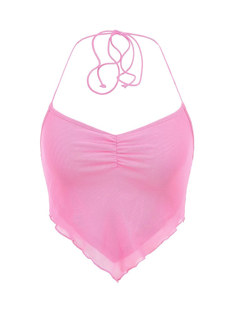 SHEIN ICON Ruched Tie Backless Hanky Hem Mesh Halter Top | SHEIN