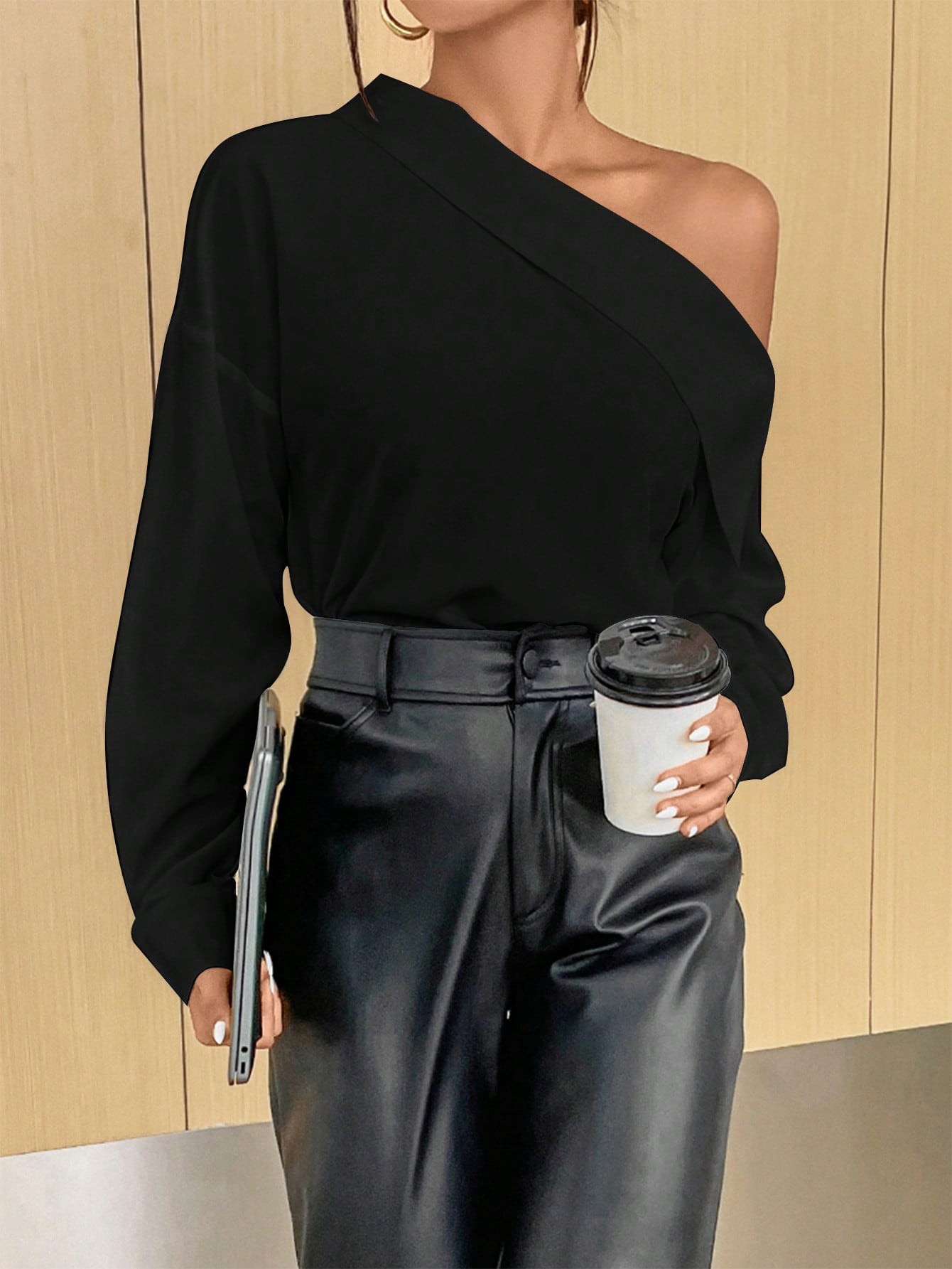 SHEIN Privé Work Women Solid Asymmetrical Neck Drop Shoulder Blouse | SHEIN USA | SHEIN