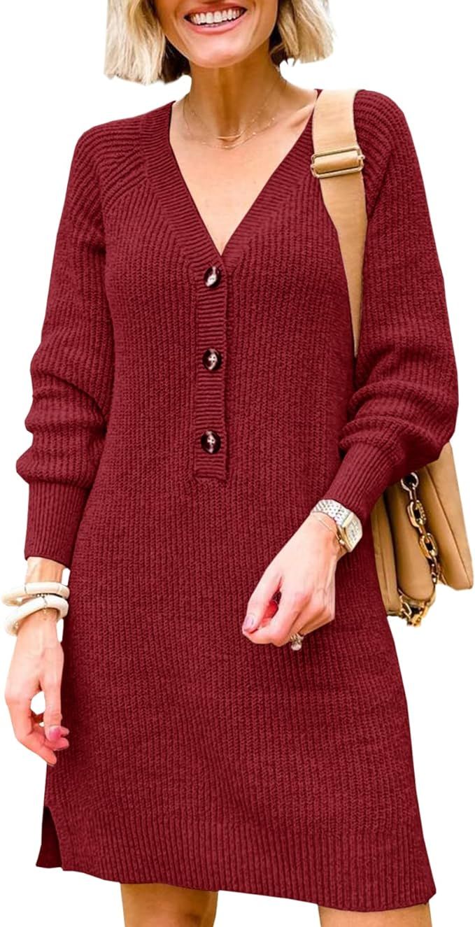 YONYWA Womens Oversized Sweater Dress Sexy V Neck Long Sleeve Button Down Pullover Sweaters Knitt... | Amazon (US)