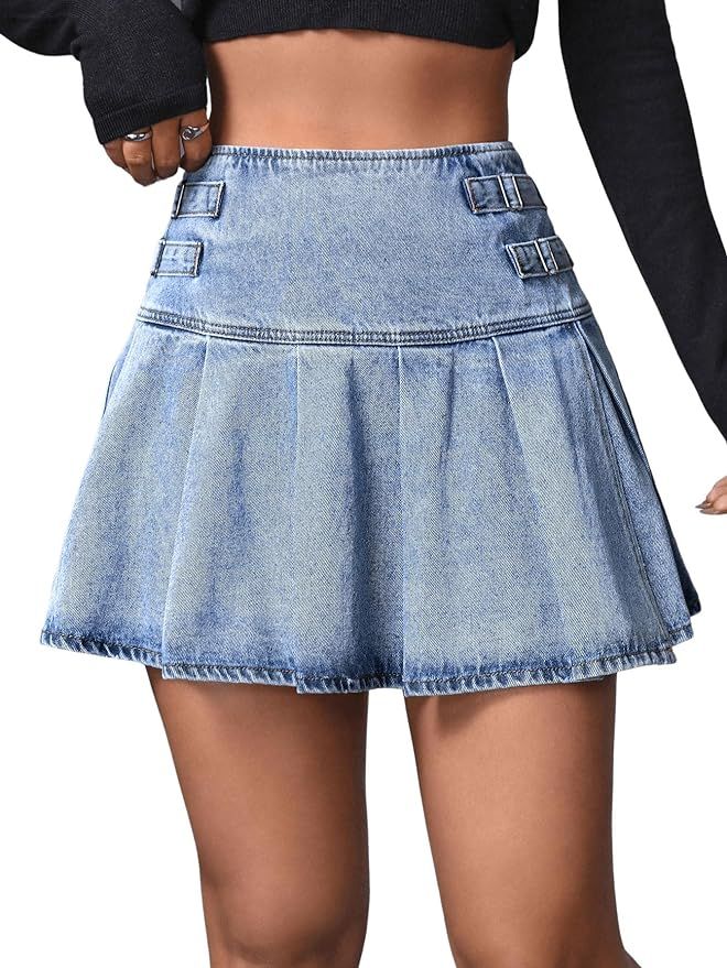 Women's High Waist Zipper Pleated A Line Skirt Casual Regular Fit Mini Denim Skirt | Amazon (US)