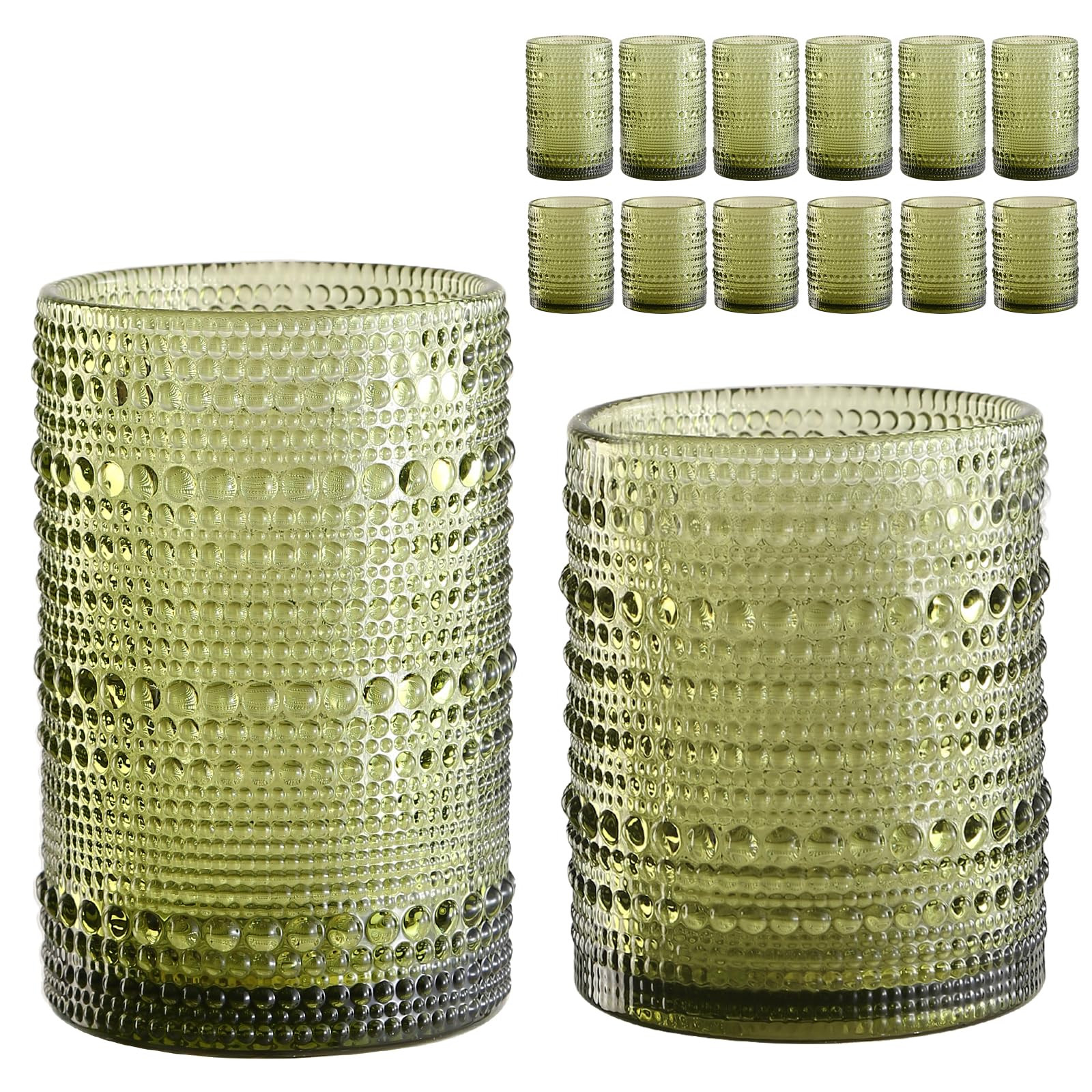 Vintage Glassware Drinking Glasses Set of 12,Green 12oz & 15oz Hobnail Glass Cups,Embossed Water ... | Amazon (US)