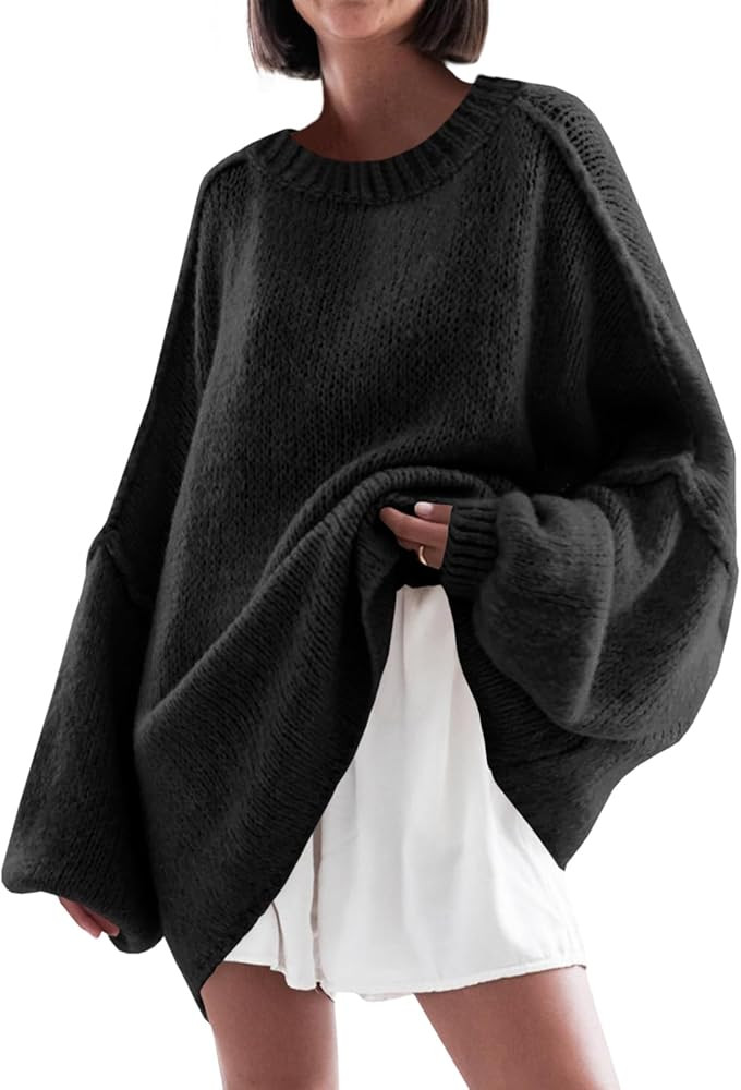 Saodimallsu Womens Oversized Sweater Chunky Crew Neck Long Lantern Sleeve Knit Fall Trendy Tunic ... | Amazon (US)