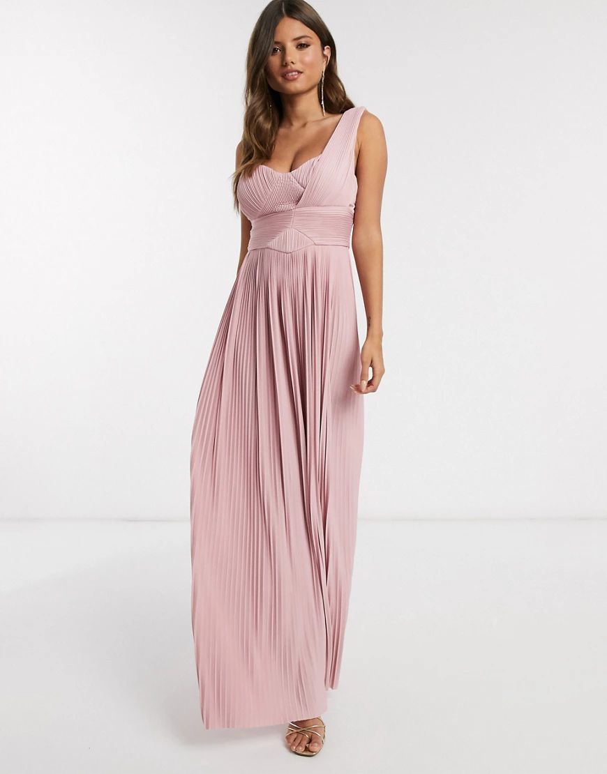 ASOS DESIGN premium one shoulder pleated panel maxi dress in soft pink | ASOS (Global)