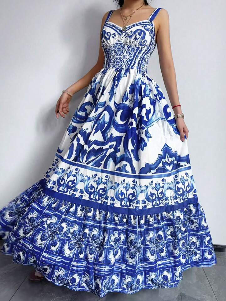 Holiday Boho Spaghetti Strap Long Dress With Blue Floral Print And Color Blocks, For Kentucky Derby, Vacation And Beach | SHEIN