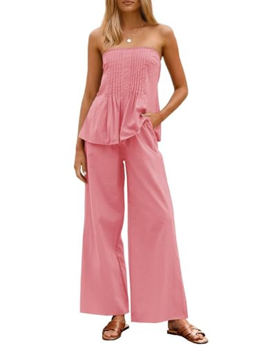 Tankaneo Womens 2 Piece Outfits Summer Strapless Tube Tops Wide Leg Pants Cotton Vacation Pleated Matching Lounge Set | Amazon (US)