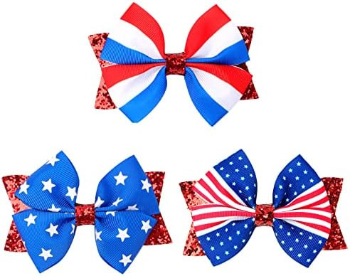 Patriotic Hair Bow Clips 3.5inch Toddler Girls 4th of July Red White Blue Cheer Barrettes Glittery S | Amazon (US)