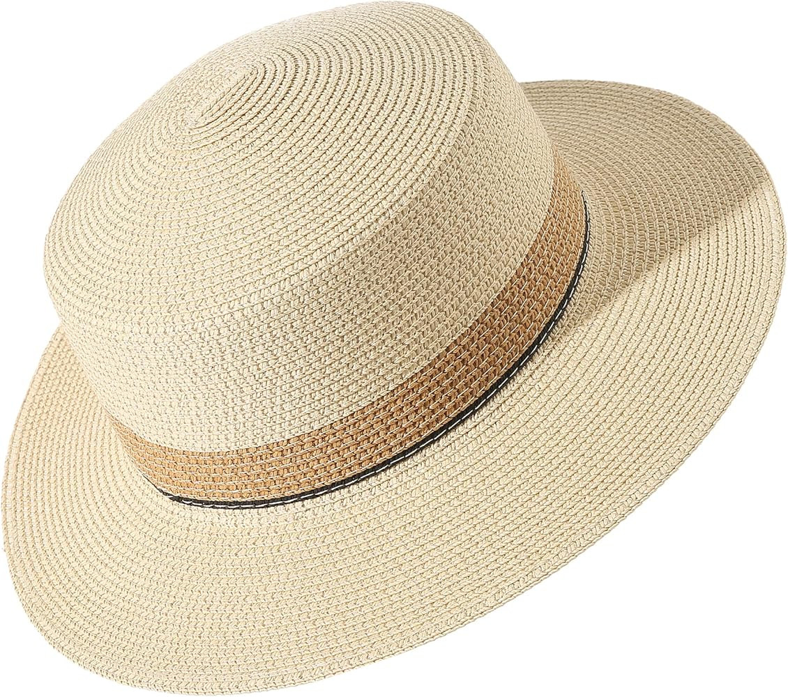 Lanzom Sun Hats for Women Wide Brim Straw Boater Hat Foldable Packable Beach Hat for Summer | Amazon (US)