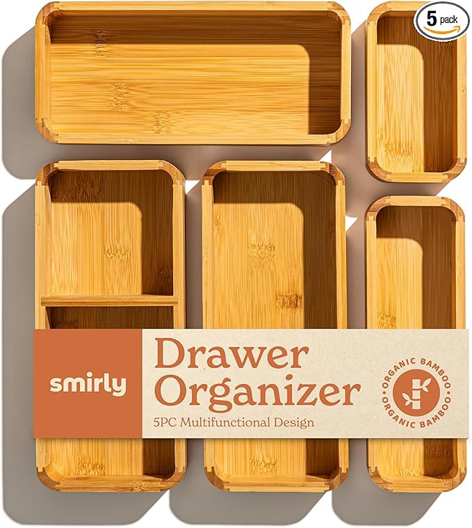 SMIRLY 5-Piece Bamboo Kitchen Drawer Organizer Set for Large and Small Utensils, Multi-use Storag... | Amazon (US)