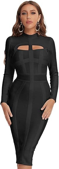HLBandage Elegant High Neck Long Sleeve Hollow Out Celebrity Bandage Dress | Amazon (UK)