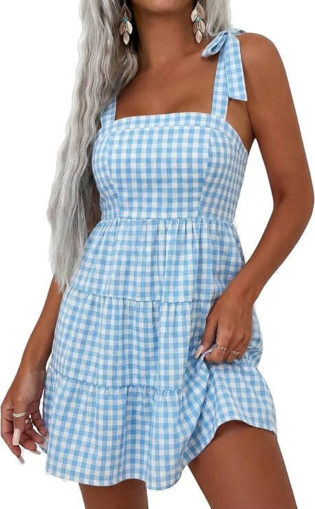 Gingham Dress Women Plaid Tiered Checkered Milkmaid Tie Shoulder Flowy Beach Vacation Summer Mini... | Amazon (US)