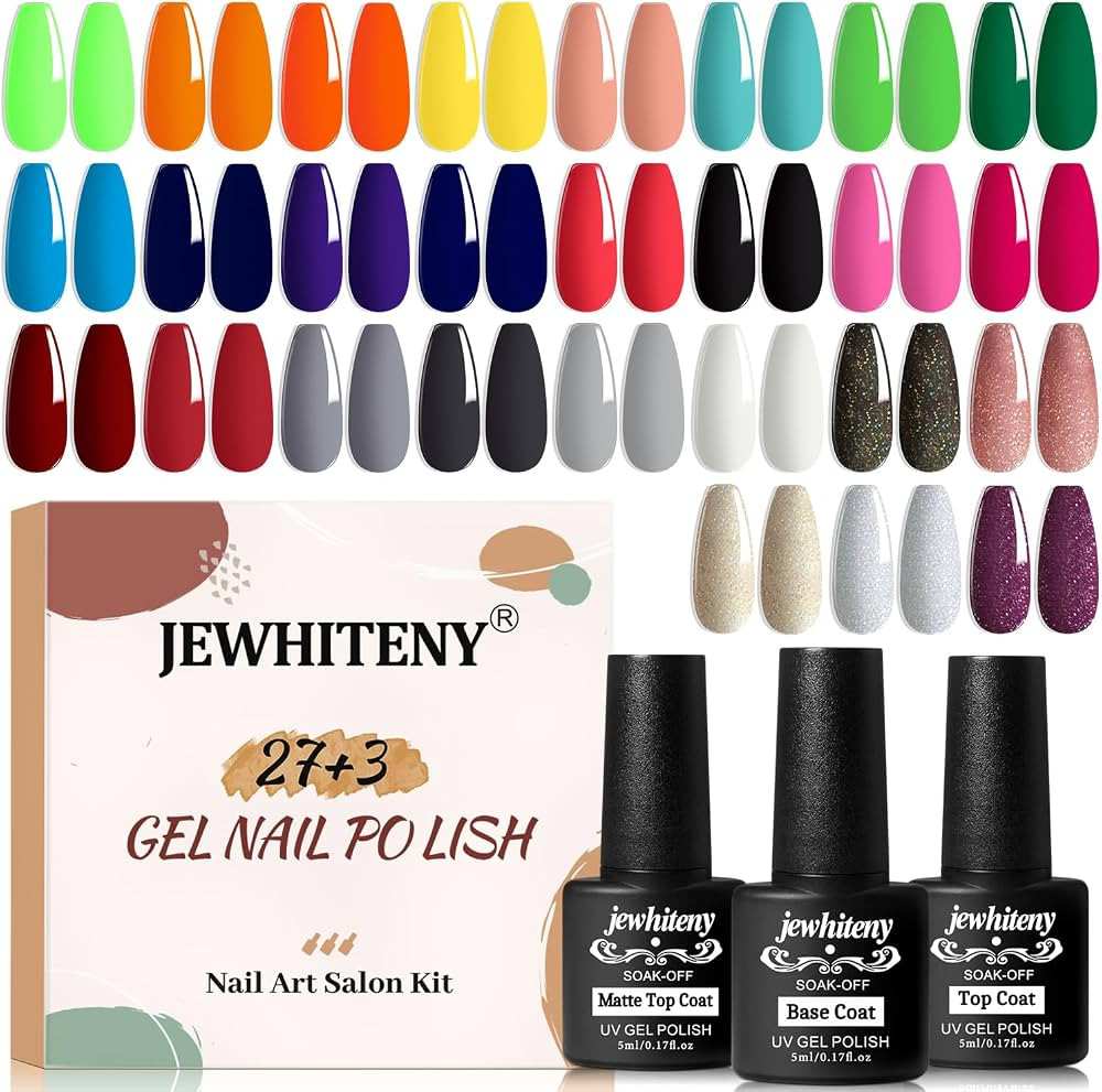 JEWHITENY 30pcs Gel Nail Polish Kit With 27 Colors + Matte Top Coat, Base Coat And Top Coat Polis... | Amazon (US)