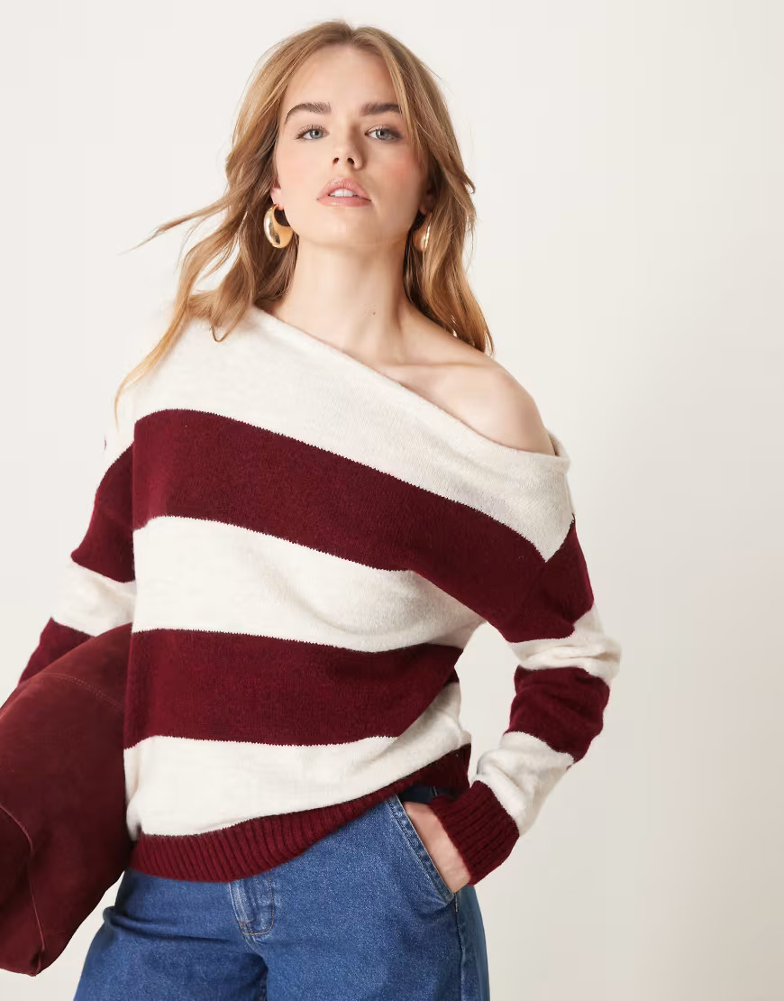 ASOS DESIGN one shoulder knit sweater in burgundy stripe-Multi | ASOS (Global)