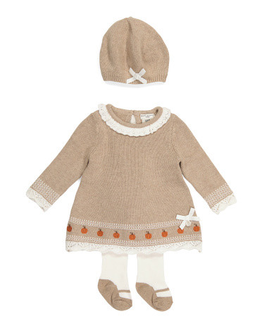 Newborn Girls Pumpkin Border Sweater Dress And Tights With Beret | TJ Maxx